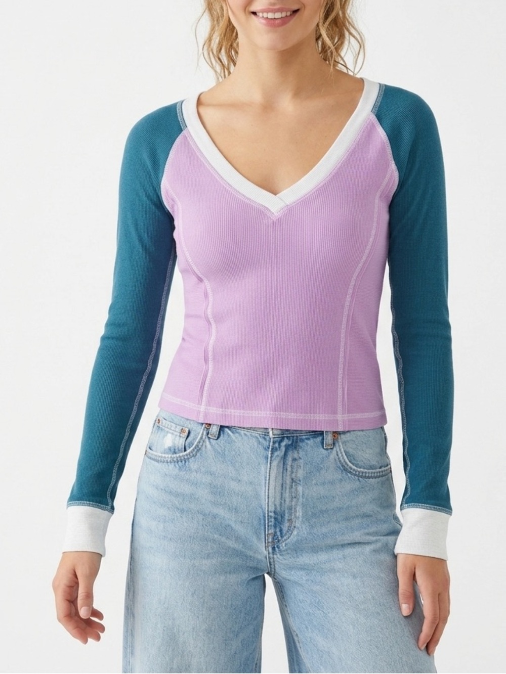 Pilcro Anthropologie Thermal Top Womens S Purple Teal Colorblock V Neck Y2K